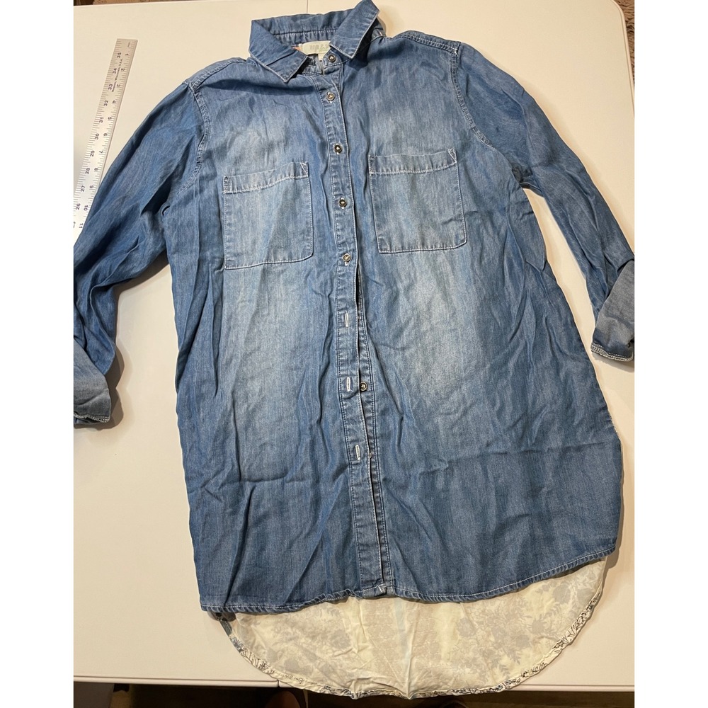 Taylor & Sage Denim Floral Mixed Media Button Down Shirt Blue Womens Small